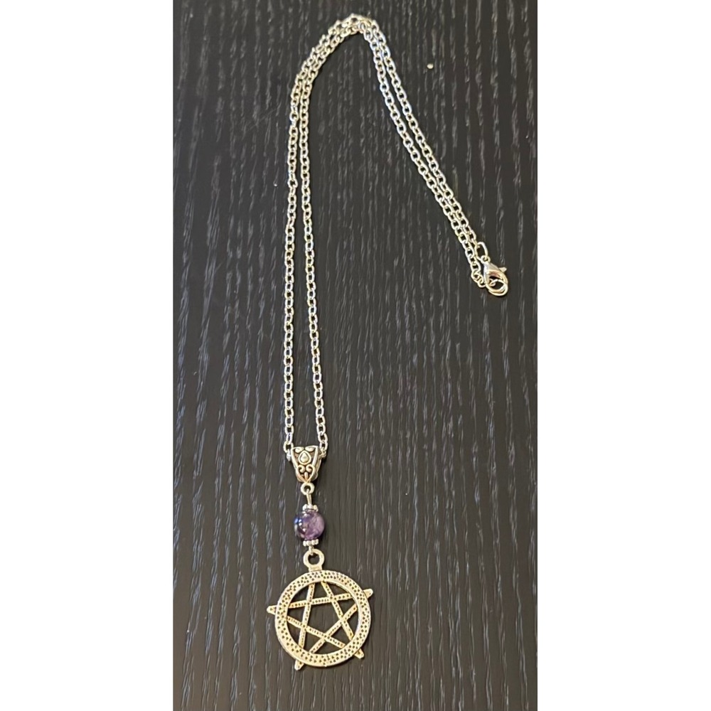 Silver Tone Pentacle‎ Pendant Necklace with Purple Bead Accent 18 Inch Chain